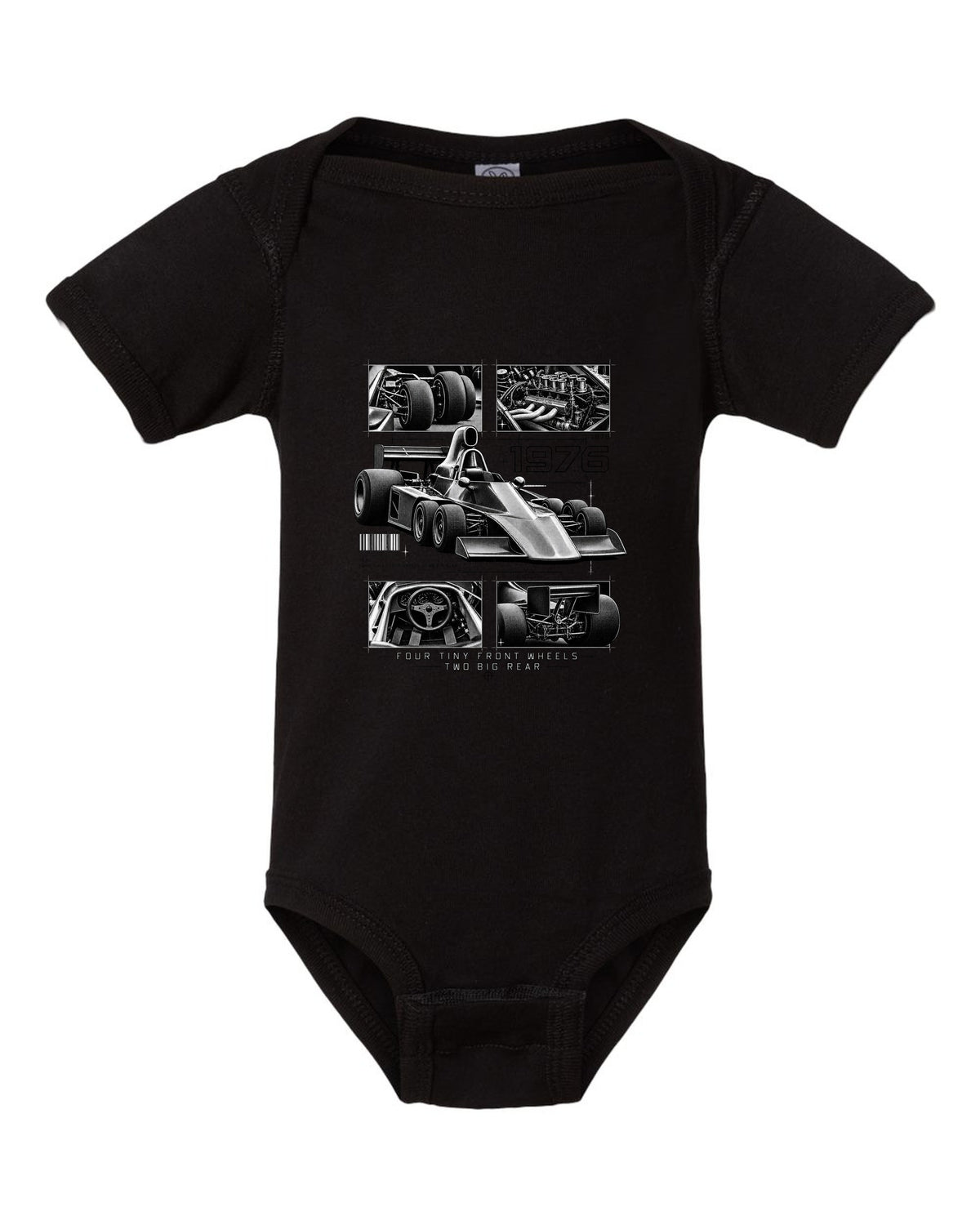 Tyrrell P34 six-wheel F1 car dossier panel print black baby onesie front view with the design