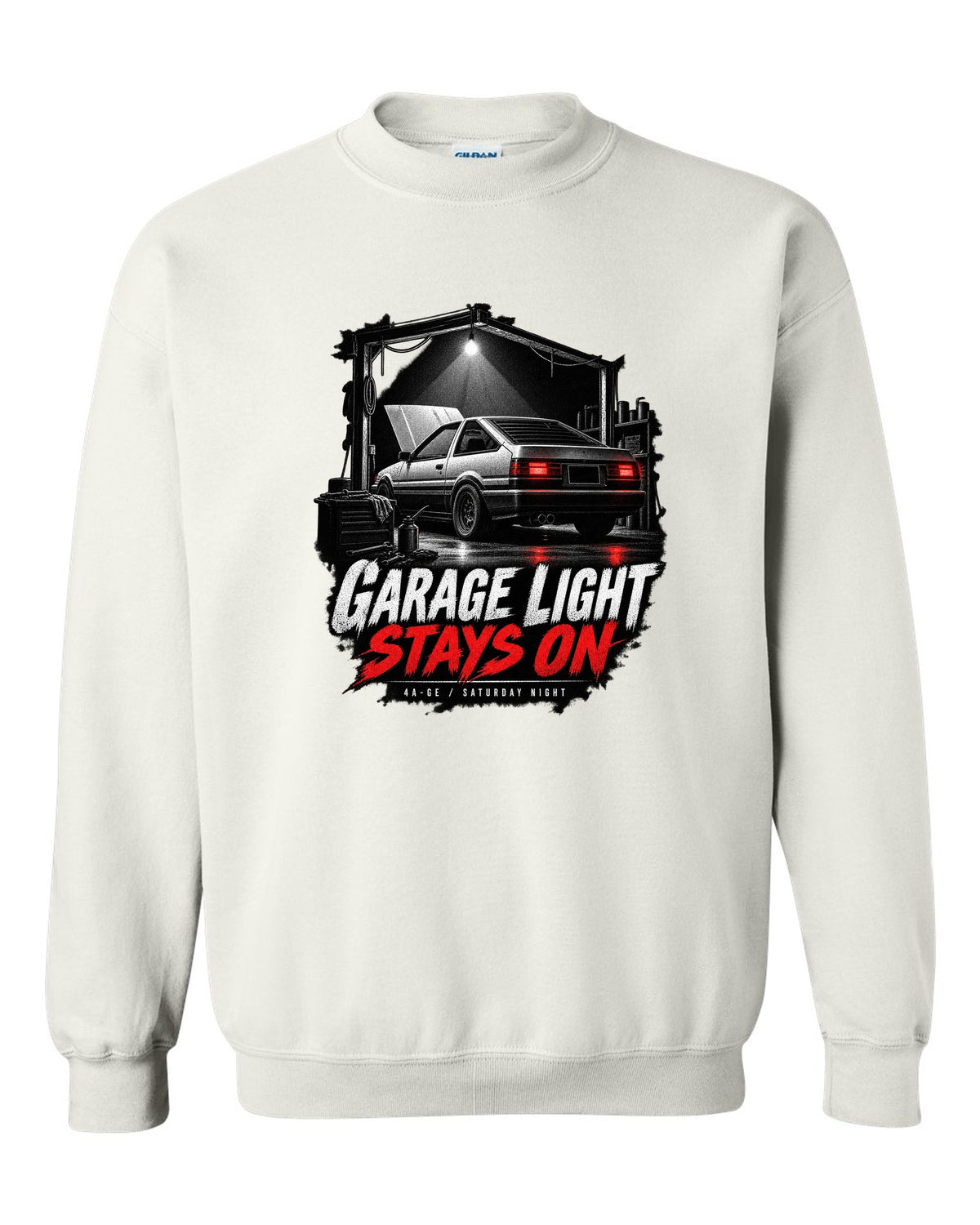 Garage night print of a Toyota AE86 Sprinter Trueno with 4A-GE lettering white crewneck front view with the design