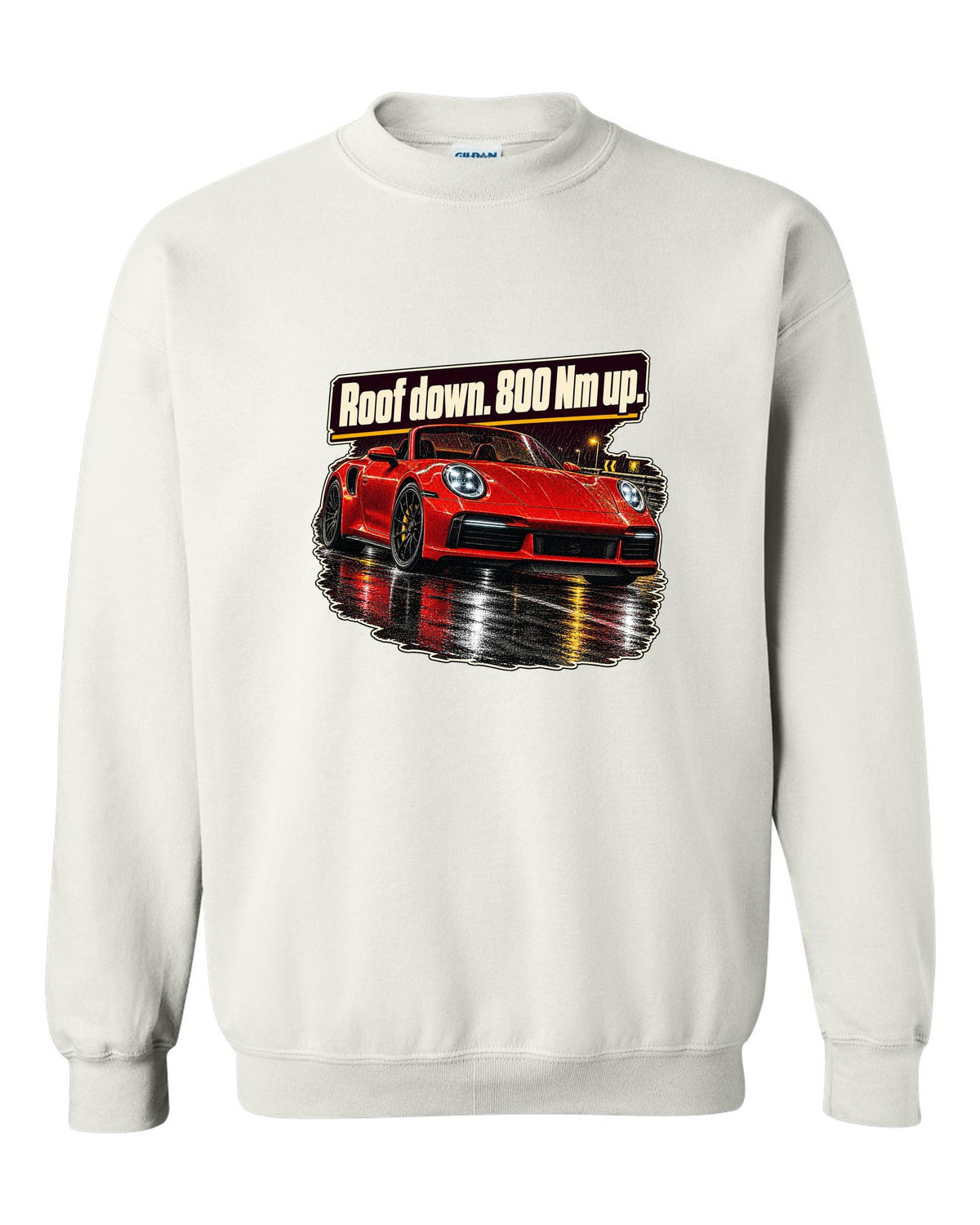 Night street print of a Porsche 992 Turbo S Cabriolet with roof down white crewneck front view with the design