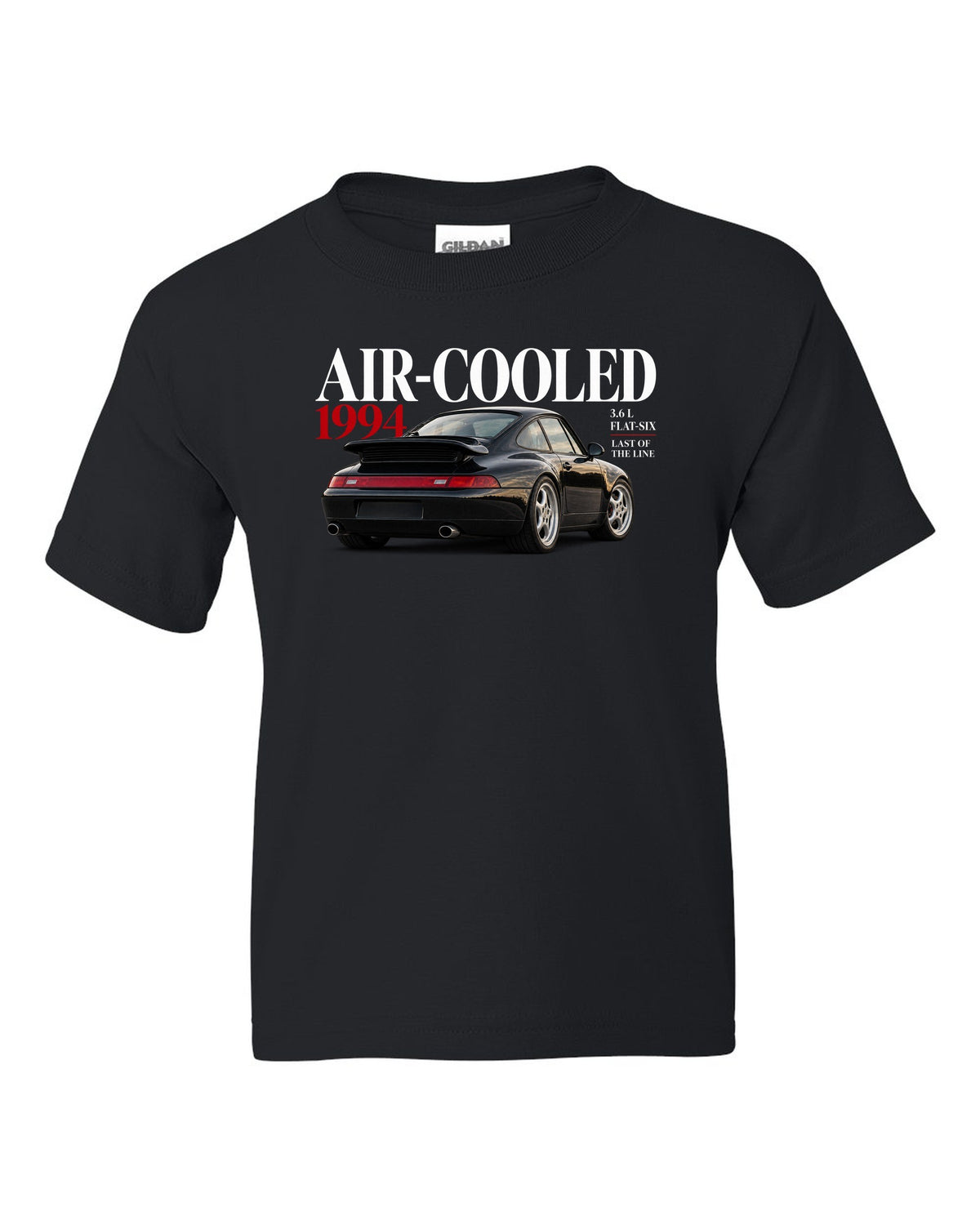 Editorial print of a Porsche 911 993 Carrera coupe with Air-Cooled 1994 3.6 L flat-six lettering black kids tee front view with the design