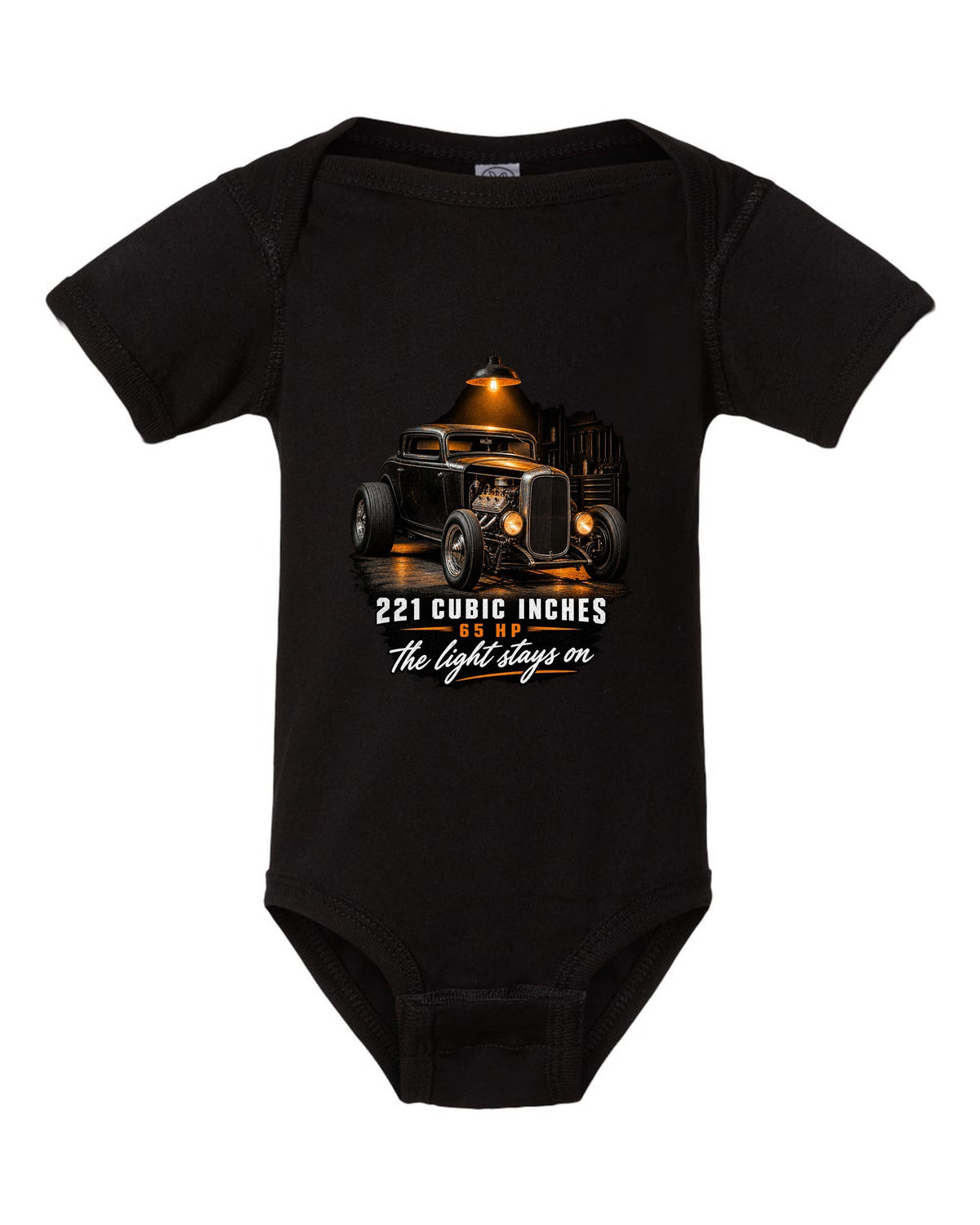 Garage night print of a 1932 Ford Deuce three-window coupe with flathead V8 specs black baby onesie front view with the design
