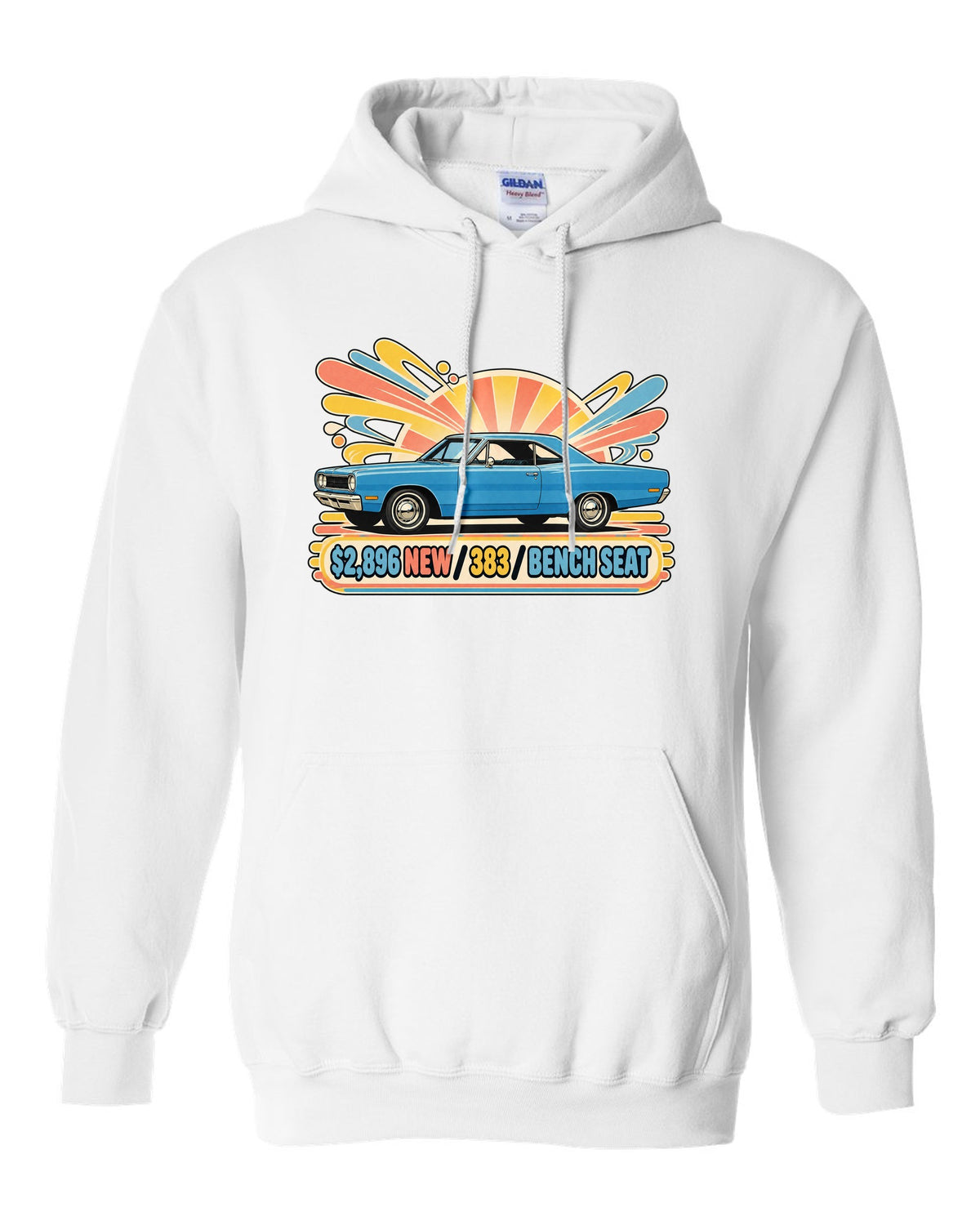 Retro Japanese showa catalogue ad of a 1968 Plymouth Road Runner with price 383 and bench seat text white pull over hoodie front view with the design