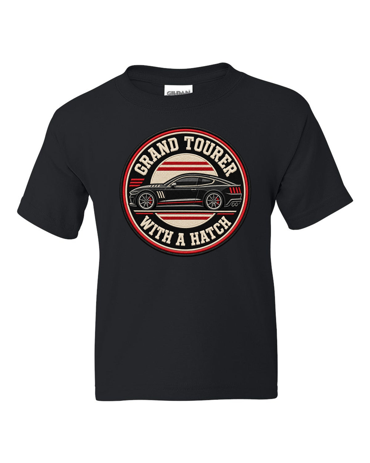 Embroidery varsity crest print for a Kia Stinger GT CK with grand tourer with a ch text black kids tee front view with the design