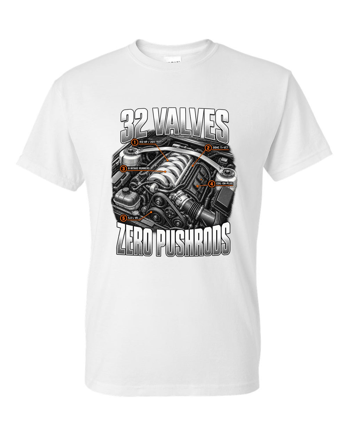 Engine hero print of a Ford Mustang S197 GT 5.0 Coyote engine, 2011-14 white t-shirt front view with the design