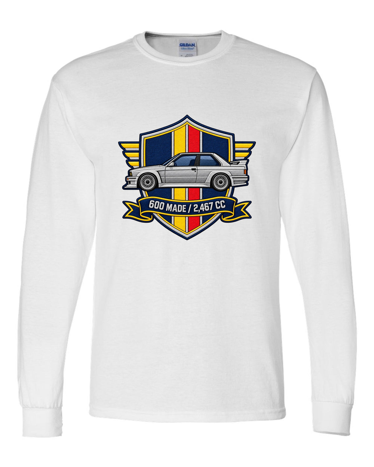 Varsity crest style print of a BMW E30 M3 Sport Evo with 600 made and 2,467 cc text white long sleeve front view with the design