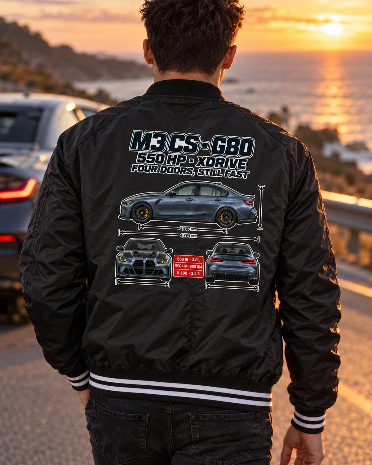 G80 BMW M3 CS Spec Poster Shirt, xDrive Sedan Gift Bomber Jacket Black worn hero
