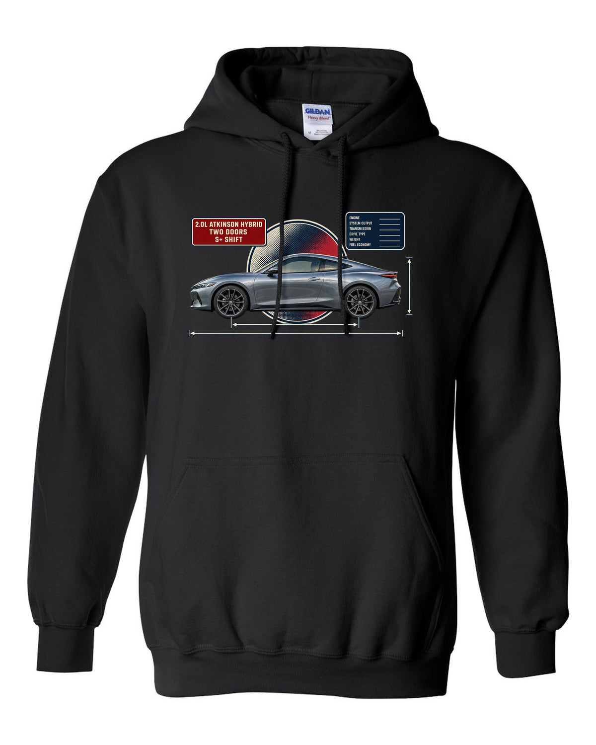 Honda Prelude 2026 sixth-gen dimension blueprint print black pull over hoodie front view with the design
