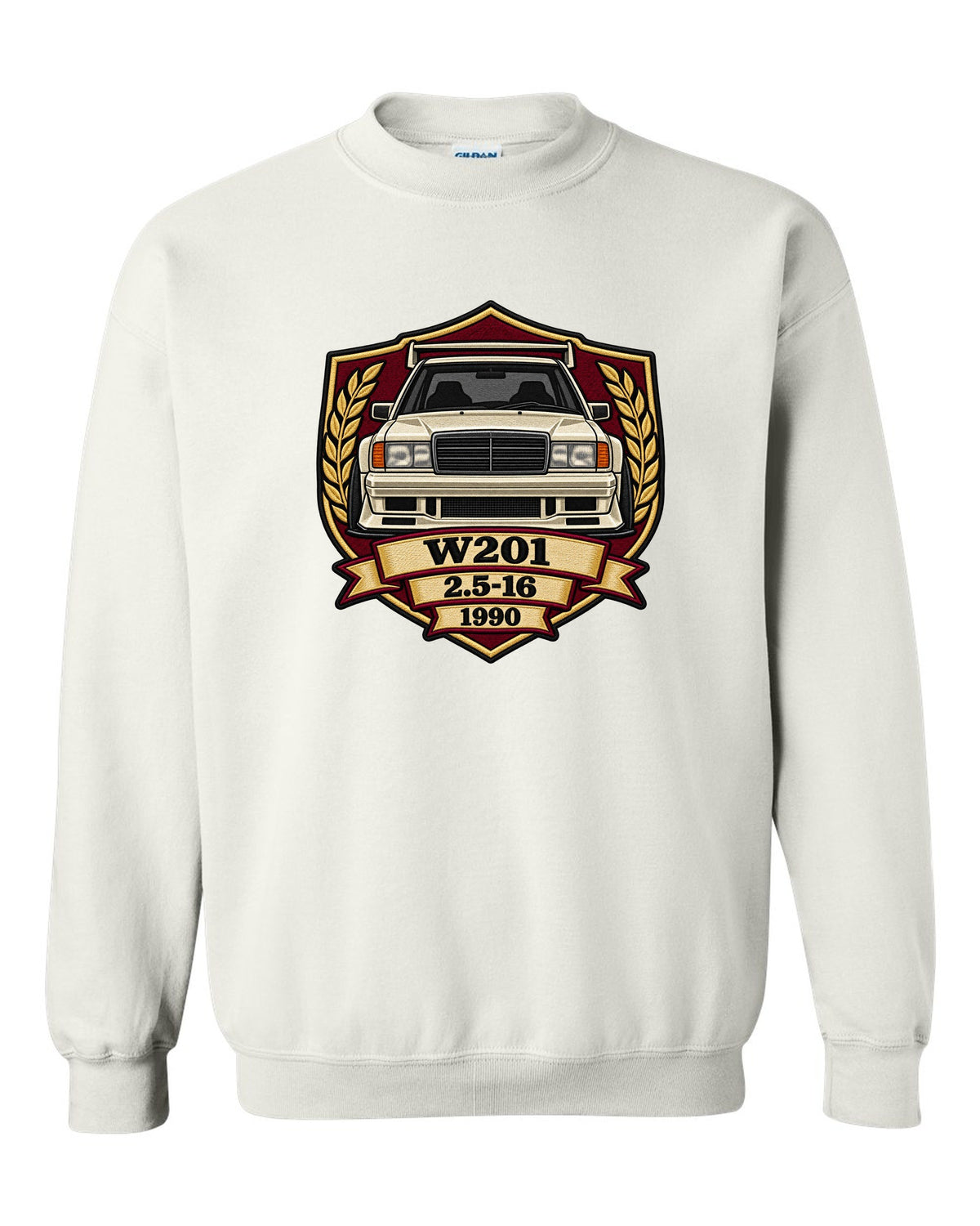 Embroidery-style shield crest print of a Mercedes-Benz 190E Evo II W201, 2.5-16, 1990 white crewneck front view with the design