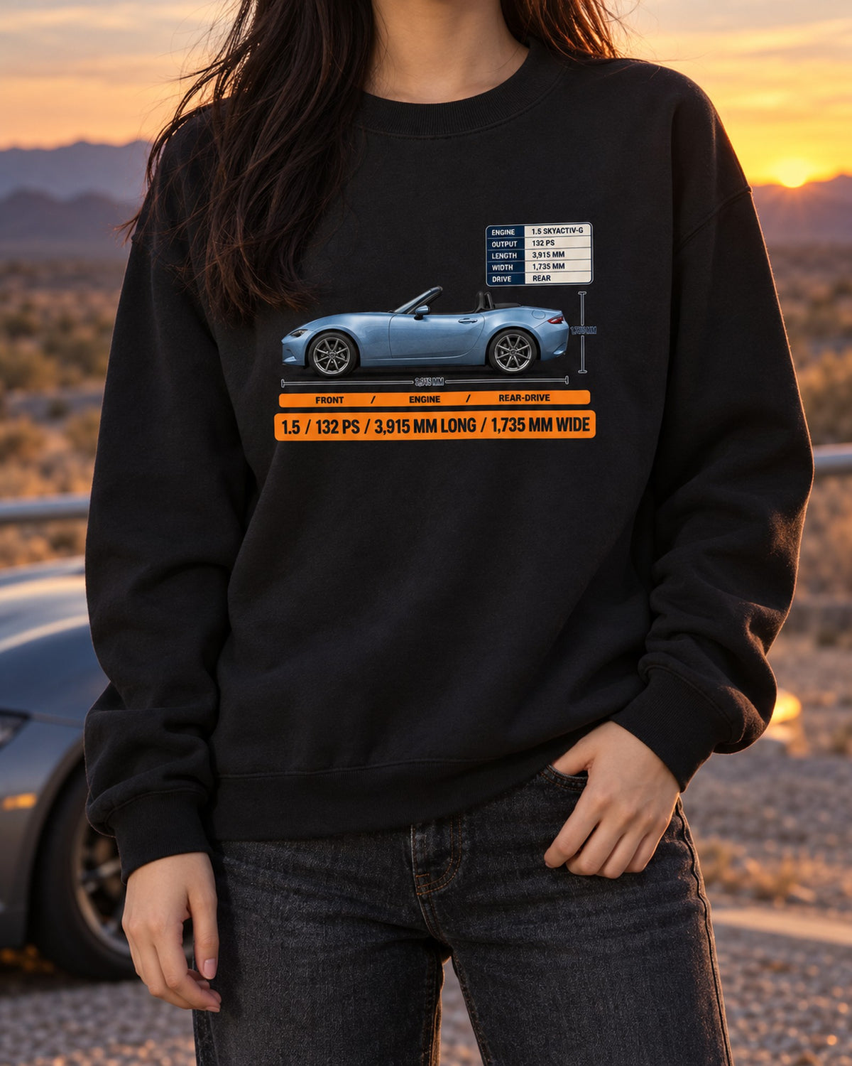 Mazda MX-5 ND 1.5 SKYACTIV-G 132 PS Spec Poster Tee Crewneck Black worn hero