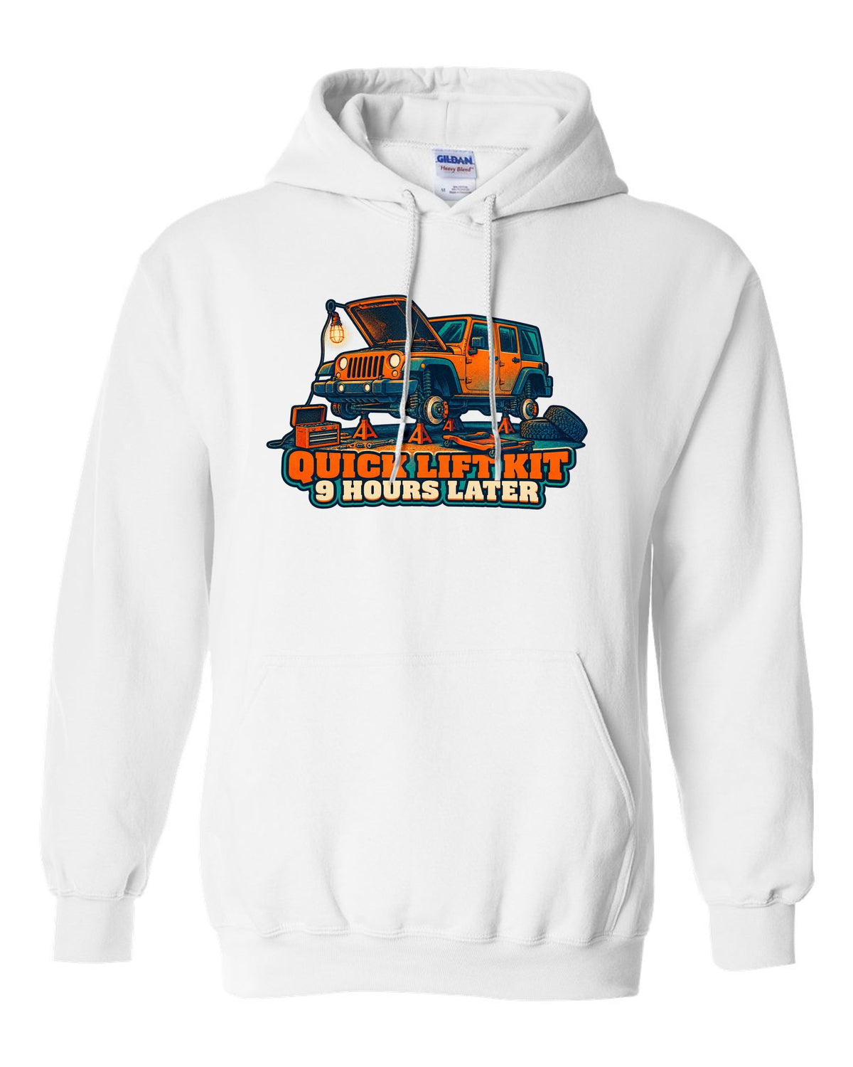 Risograph-style print of a Jeep Wrangler JKU four-door with lift kit joke text white pull over hoodie front view with the design