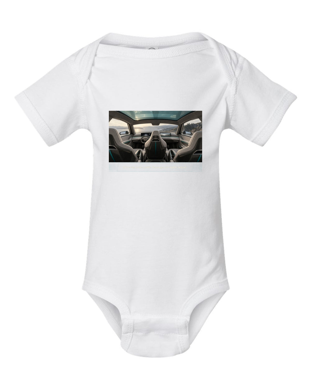 Cockpit print of a McLaren Speedtail interior with a centre driving seat white baby onesie front view with the design