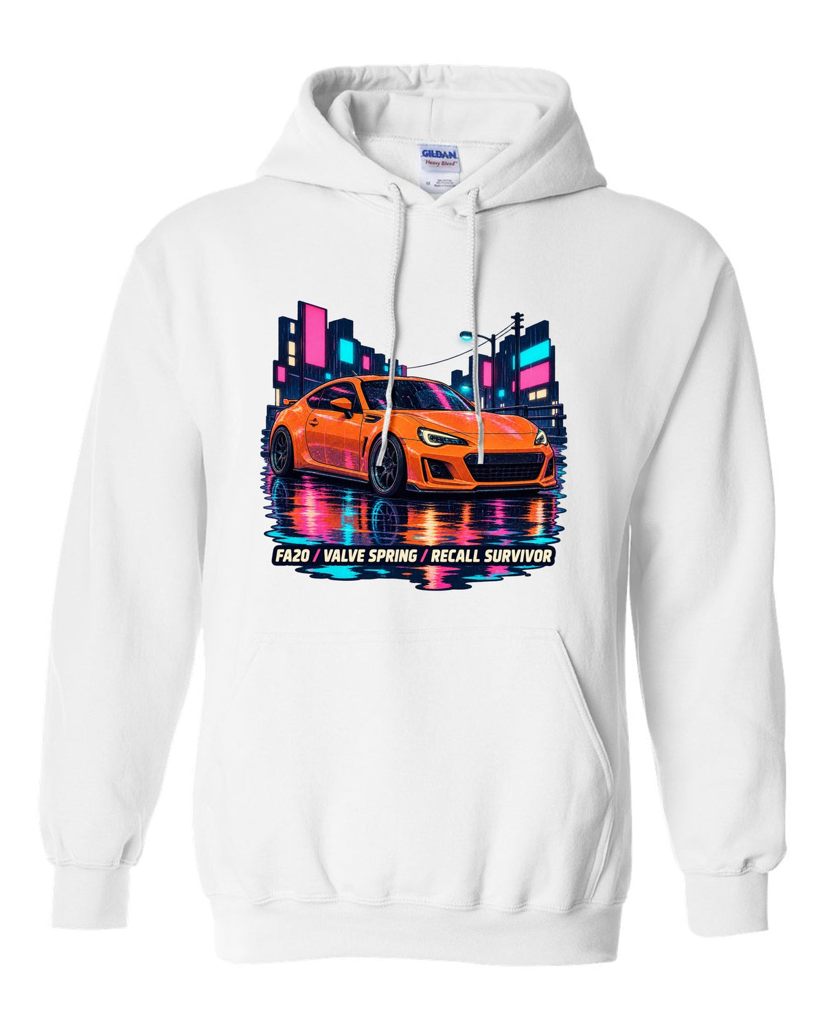 Subaru BRZ ZC6 in a rainy lo-fi anime night scene, FA20 / VALVE SPRING / RECALL SURVIVOR white pull over hoodie front view with the design