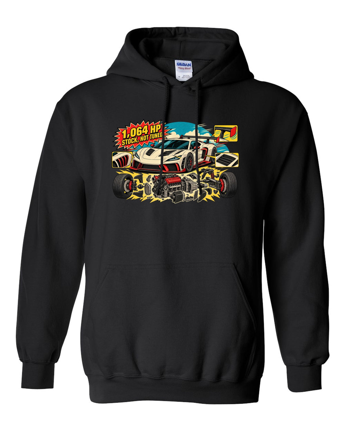 Exploded flat-plane V8 engine schematic with a 2023 C8 Corvette Z06 black pull over hoodie front view with the design