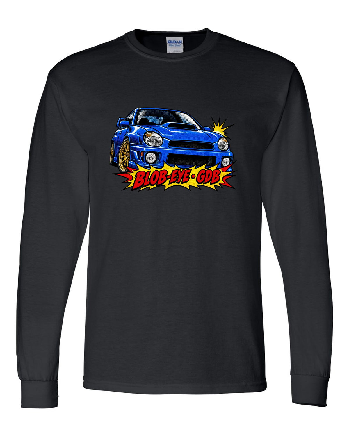Halftone pop-art print of a Subaru Impreza WRX STI GDB with blob-eye GDB lettering black long sleeve front view with the design