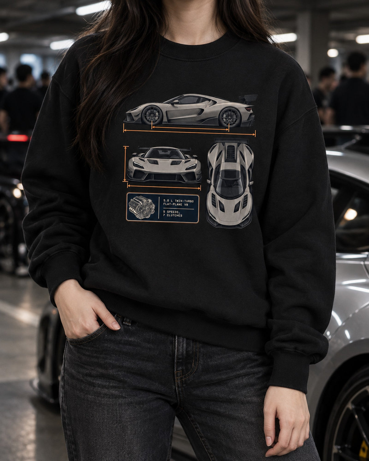 Koenigsegg Jesko Attack Three-View Spec Sheet Shirt, V8 Gift Crewneck Black worn hero