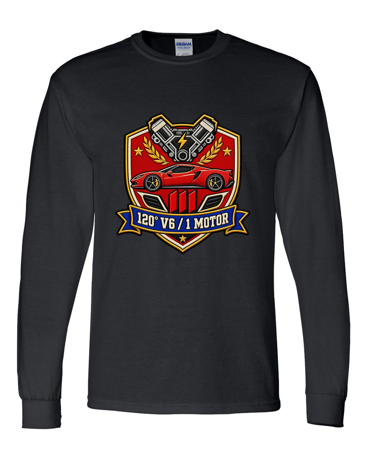 Shield crest print for the Ferrari 296 GTB with 120 degree V6 and 1 motor lettering black long sleeve front view with the design