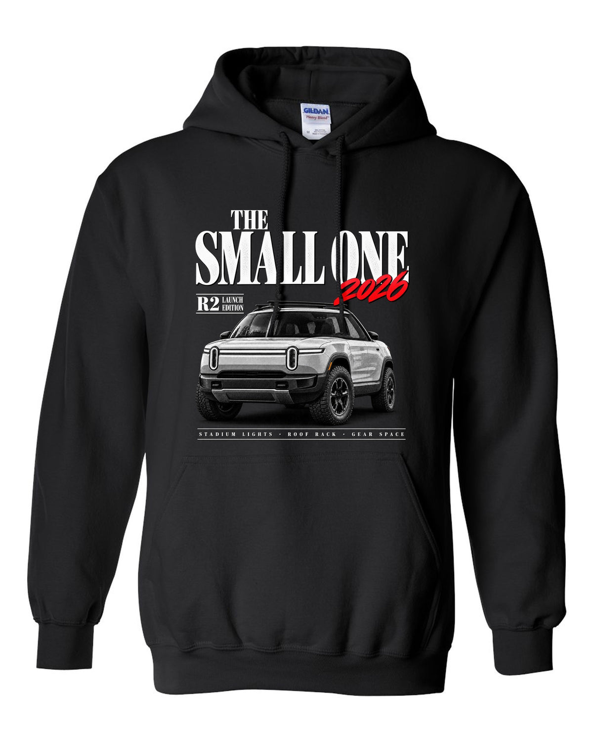 Rivian R2 2026 launch edition editorial headline reading The Small One black pull over hoodie front view with the design