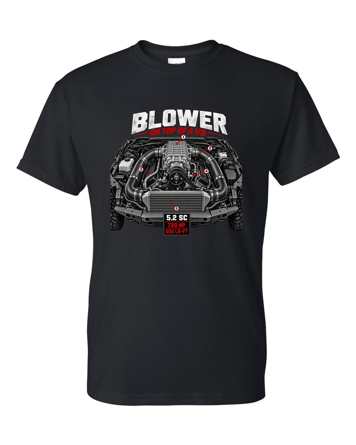 Ford F-150 Raptor R P702 engine hero print with 5.2 supercharged V8 and 720 HP black t-shirt front view with the design
