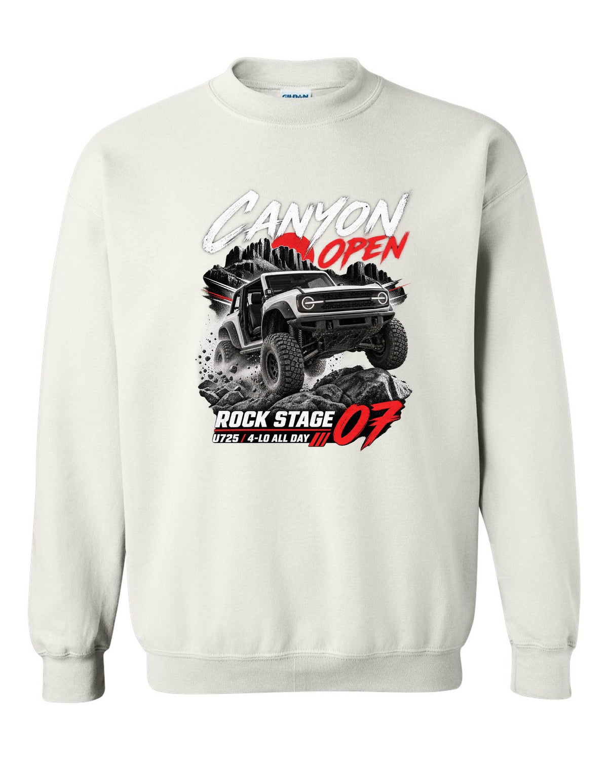 Ford Bronco 2021 two-door U725 race poster print with Rock Stage 07 and 4-Lo text white crewneck front view with the design