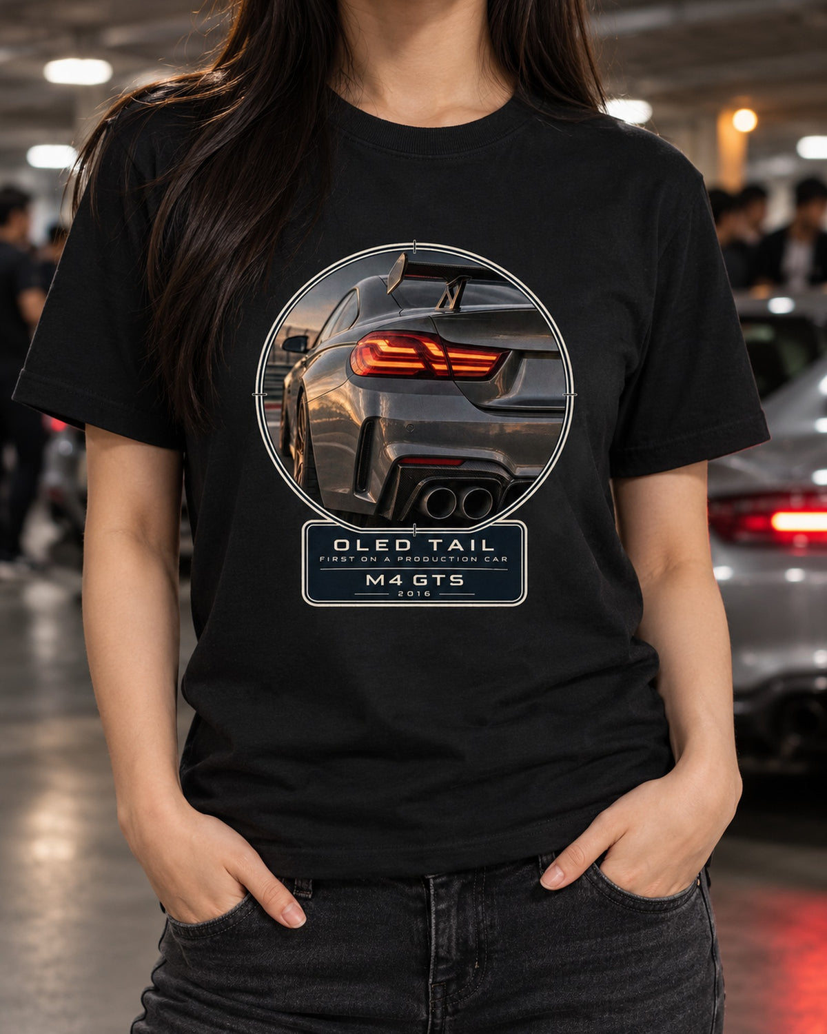 BMW M4 GTS OLED Taillight Macro print Tee T-Shirt Black worn hero