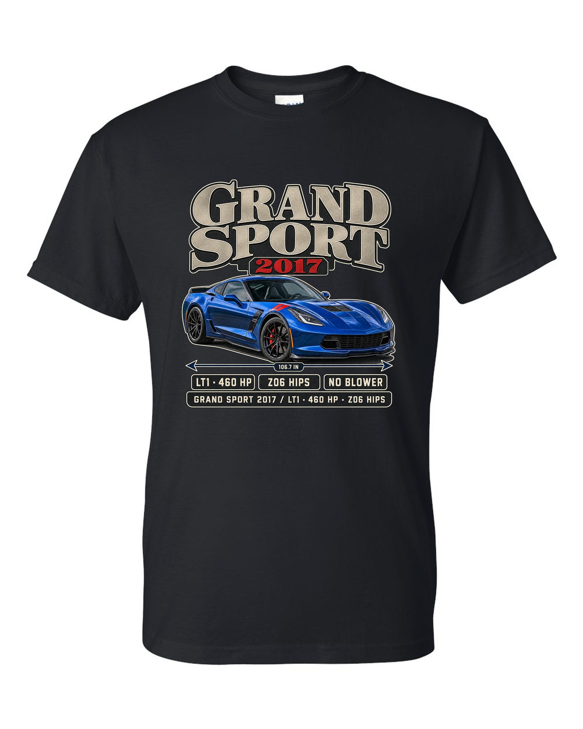 print of a Chevrolet Corvette C7 Grand Sport archive panel with LT1 and 460 HP text black t-shirt front view with the design