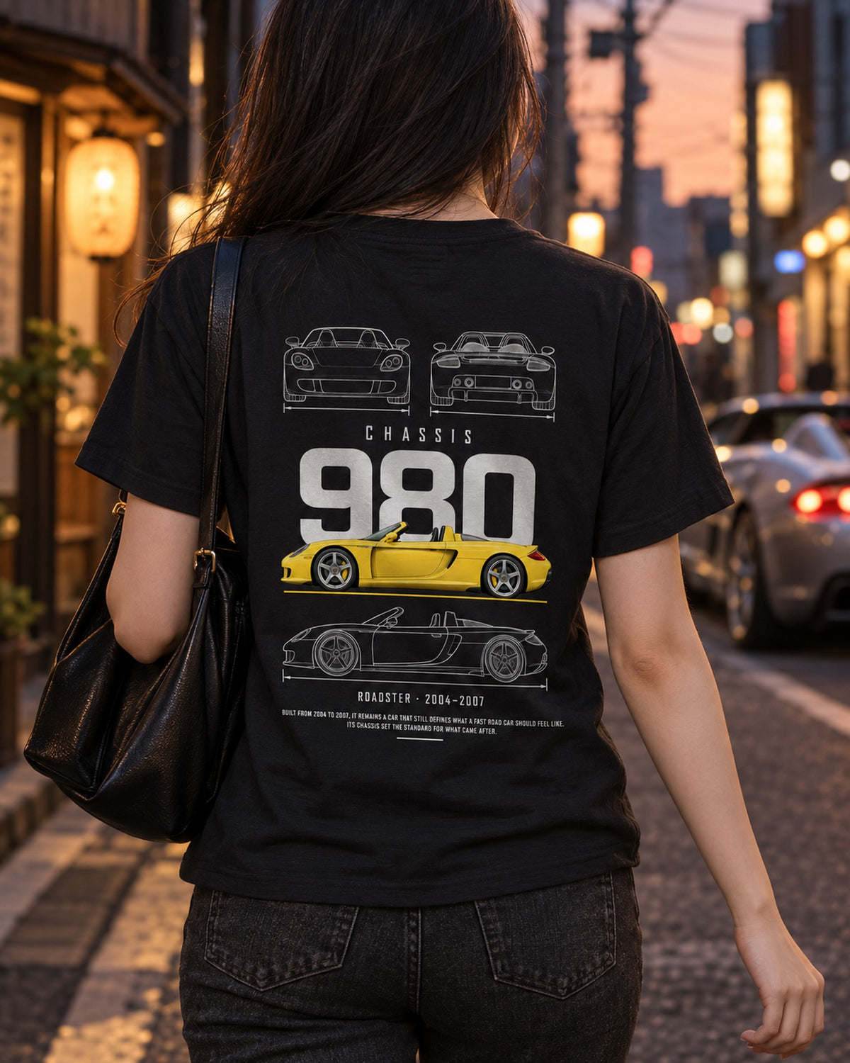 Porsche Carrera GT roadster supercar Blueprint Full-Back Graphic Tee, 980 Chassis Code T-Shirt Black worn hero