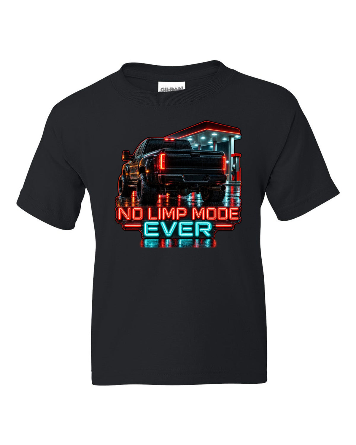 Photoreal night garage taillight print of a 1994-1998 Dodge Ram 2500 12V Cummins with No Limp Mode Ever text black kids tee front view with the design