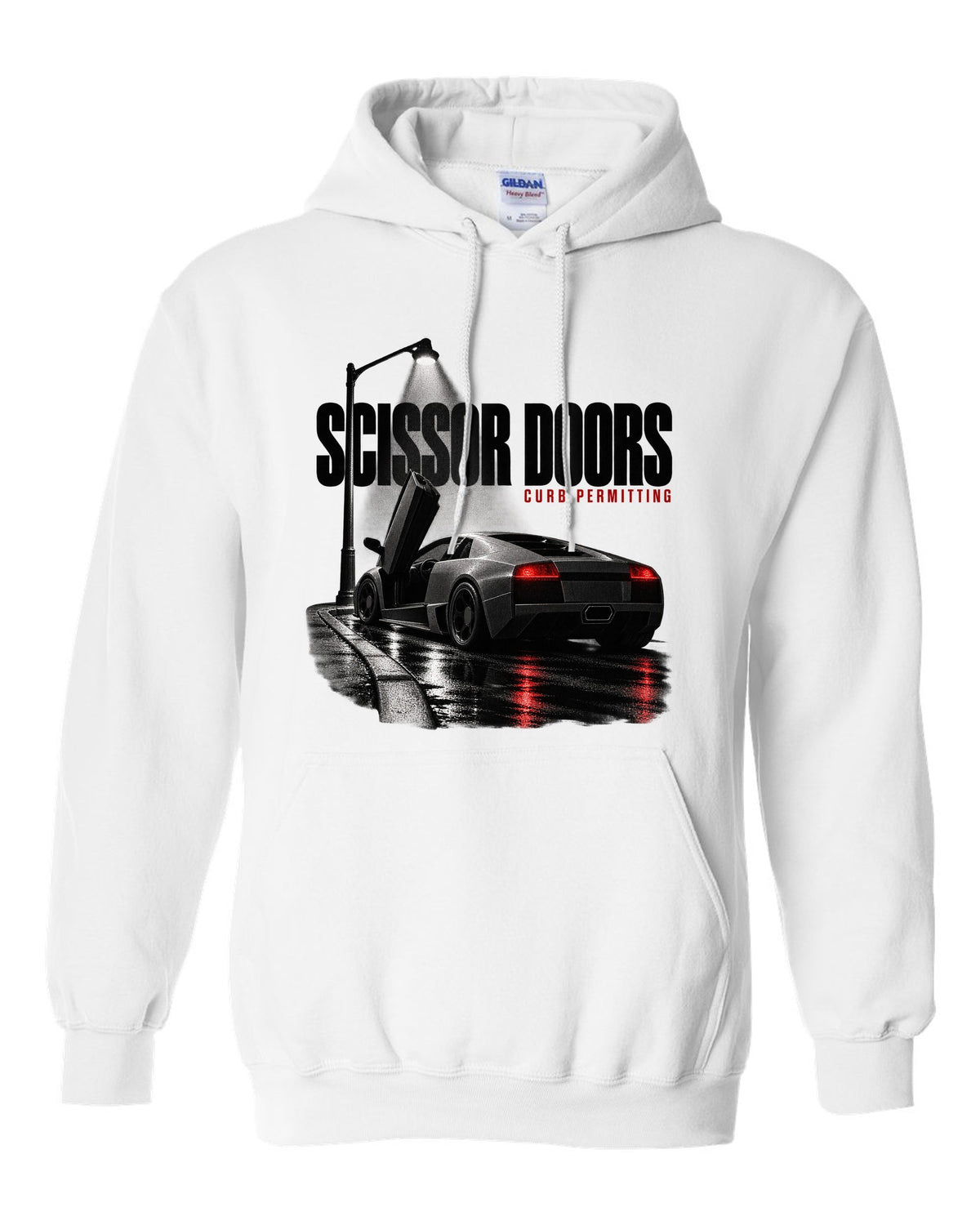 Garage night print of a Lamborghini Murcielago LP640 with scissor doors raised white pull over hoodie front view with the design