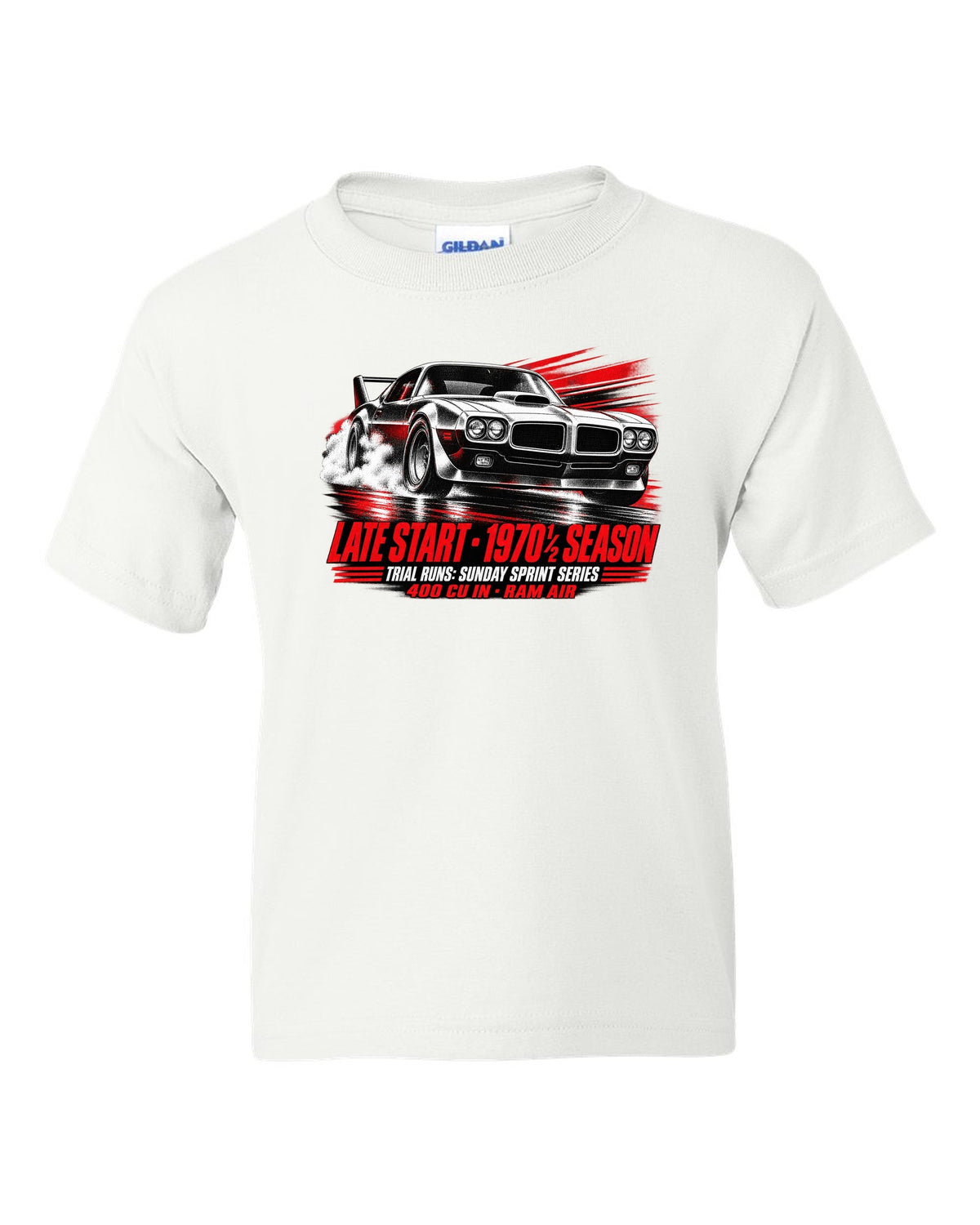 1970 1/2 Pontiac Firebird Trans Am race poster print with Ram Air text white kids tee front view with the design