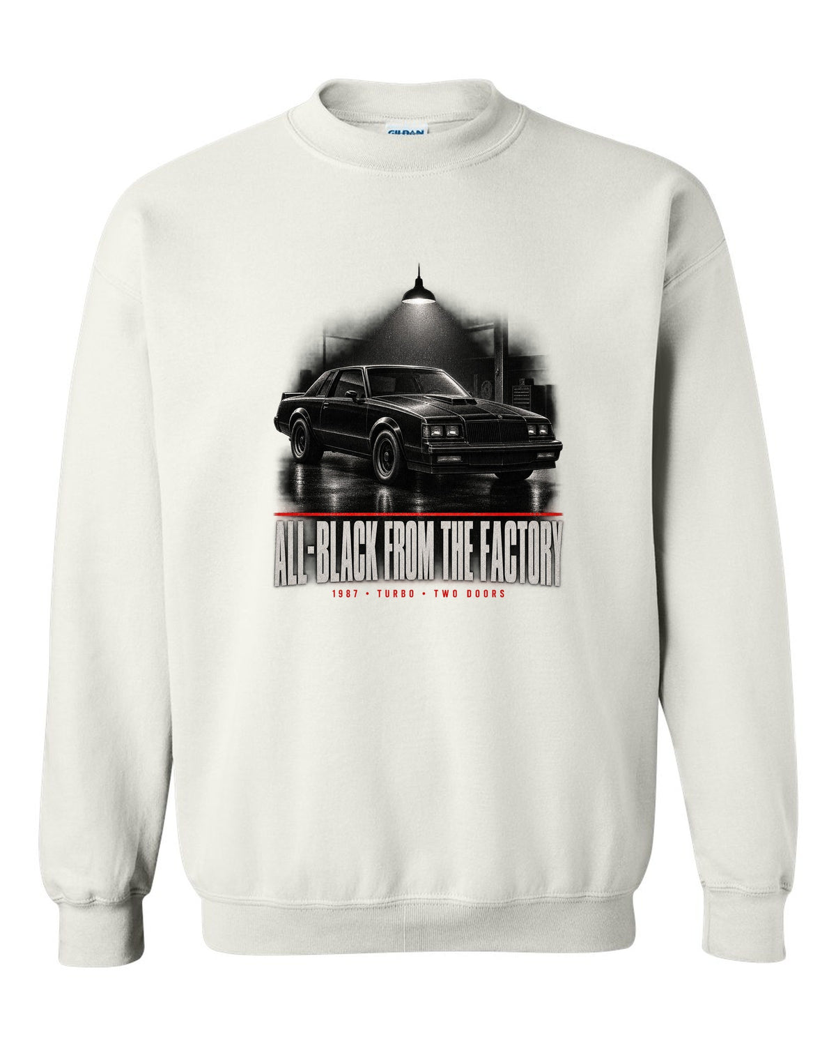 1987 Buick Grand National garage night scene print with all-black text white crewneck front view with the design