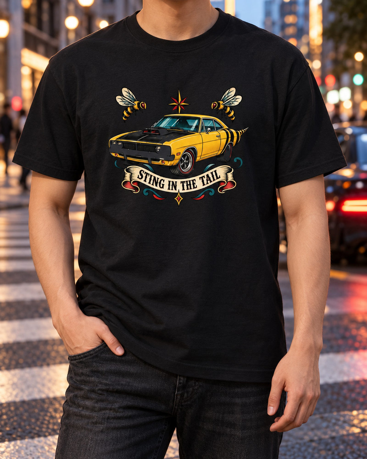 1969 Dodge Coronet Super Bee Tattoo Flash Shirt, Sting in the Tail T-Shirt Black worn hero
