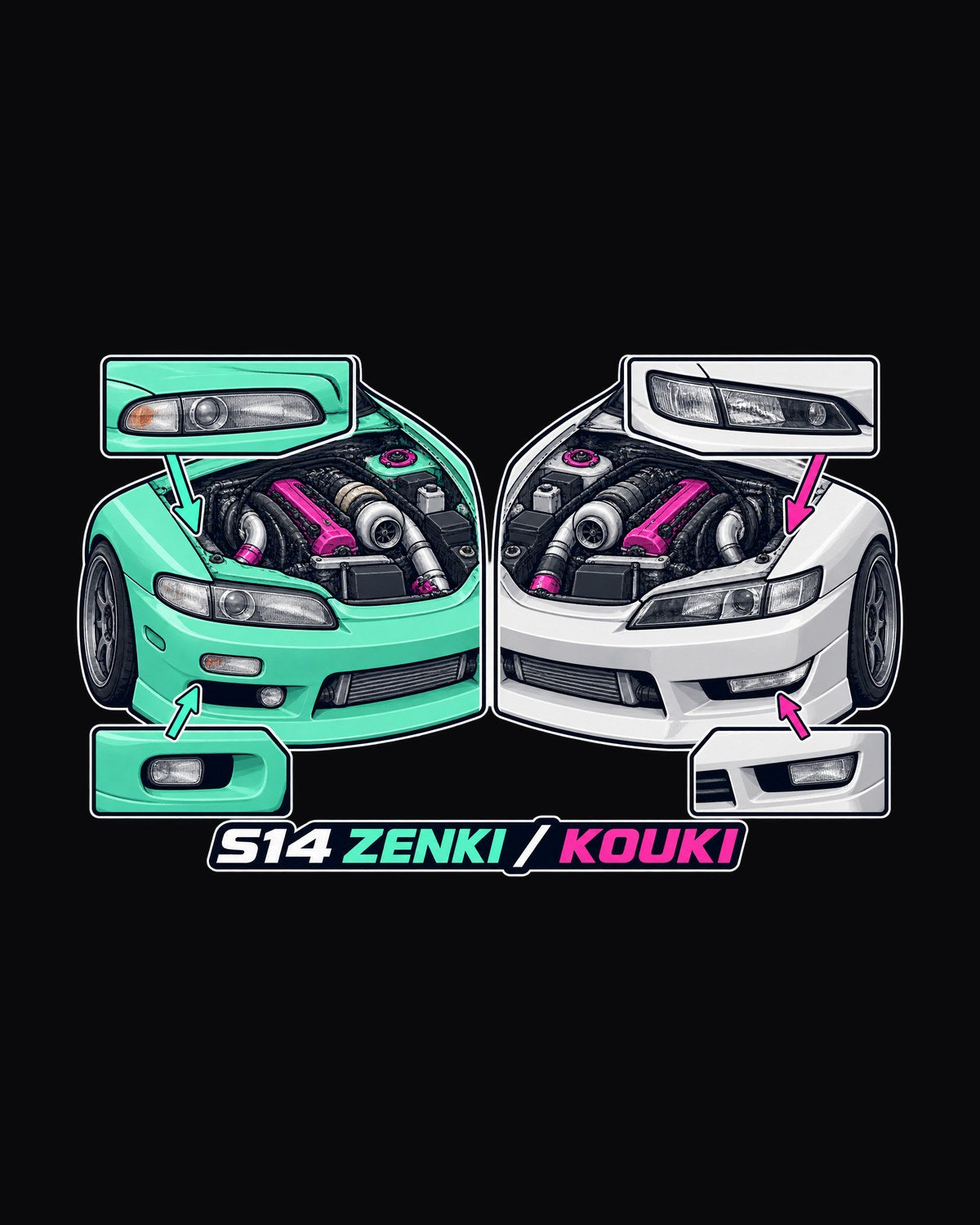 Silvia S14 Zenki vs Kouki Isometric Cutaway Car Guy Tee design only