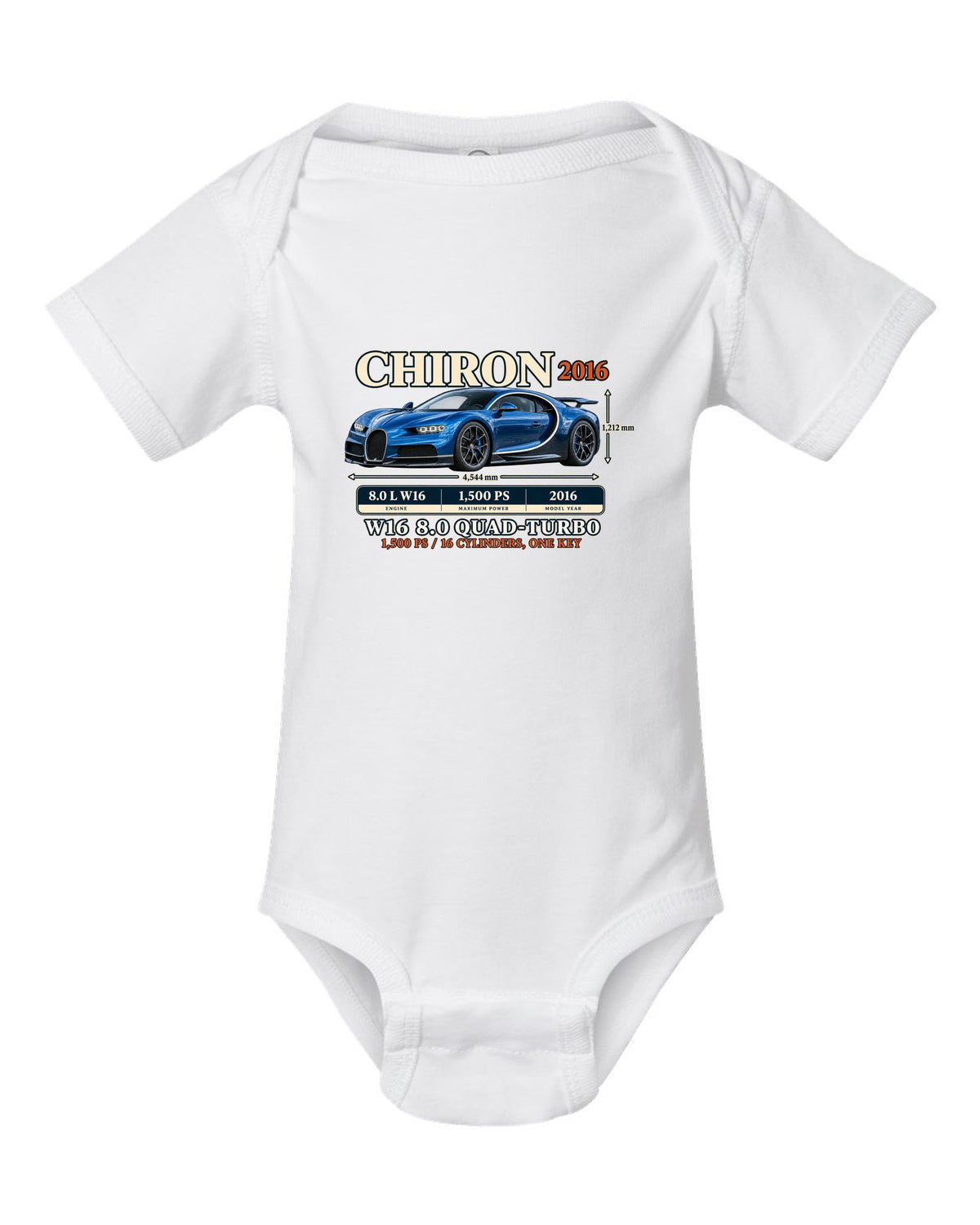 Archive panel print of a steel blue Bugatti Chiron with W16 spec text white baby onesie front view with the design