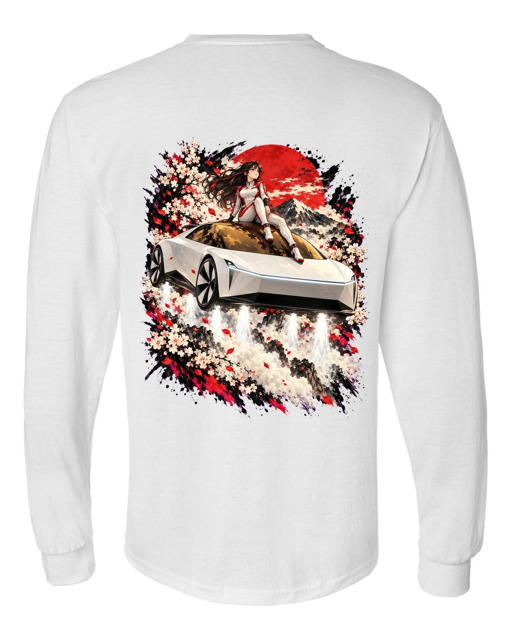 Tesla Roadster Rooftop Anime Girl Long Sleeve White back