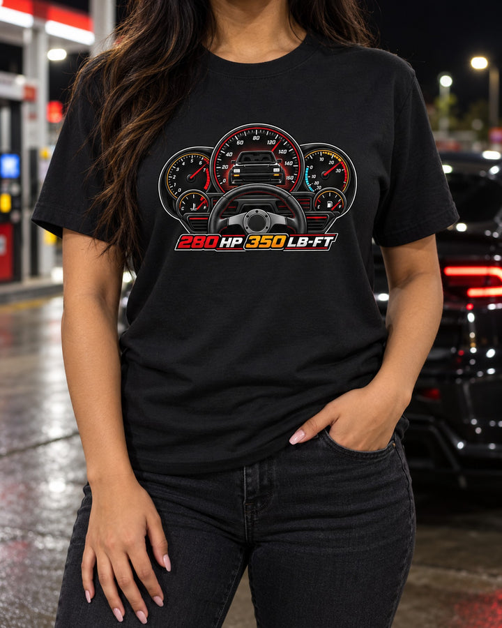 GMC Syclone Gauge Cluster Shirt, 280 HP 350 LB-FT Car Tee T-Shirt Black worn hero