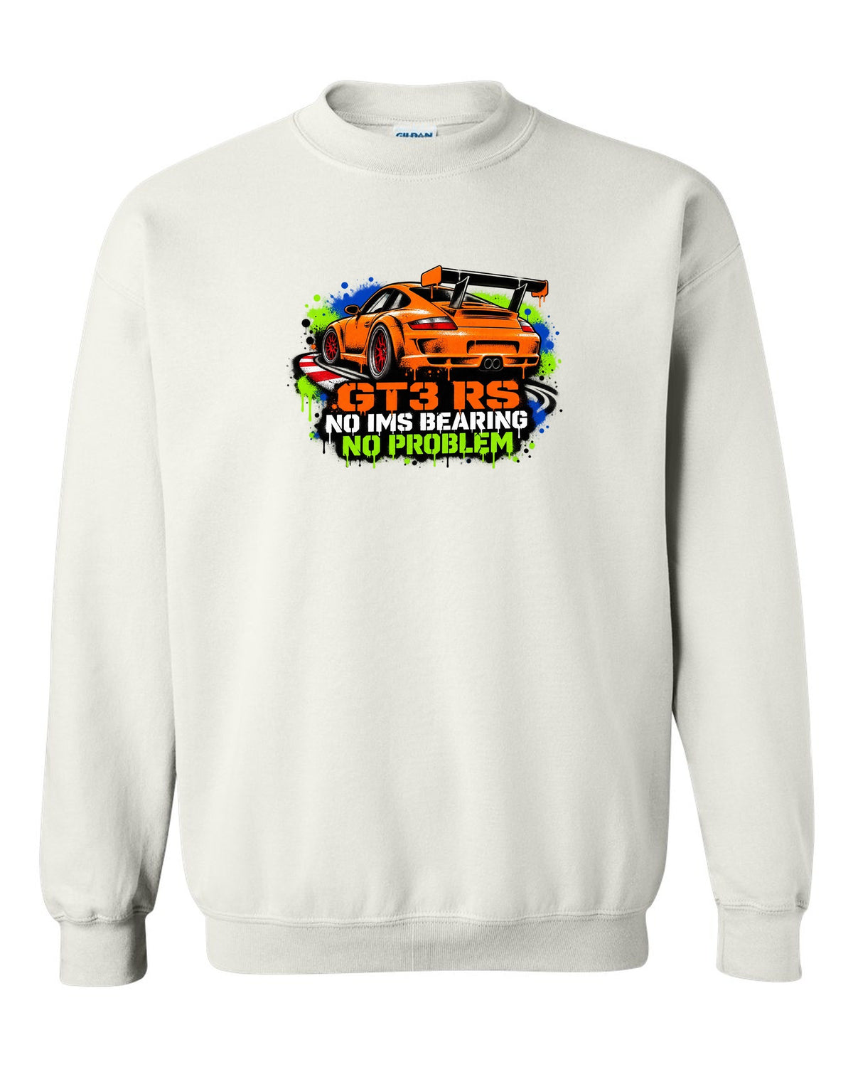 Porsche 996 GT3 RS graffiti stencil spray paint design with IMS joke white crewneck front view with the design