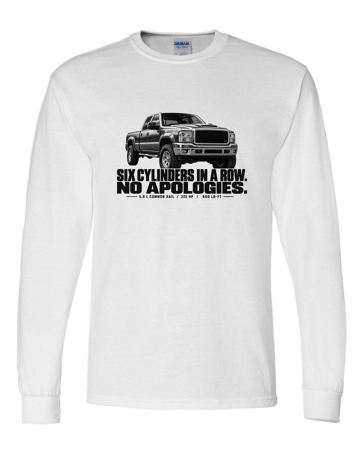 Halftone print of a 2003-09 Dodge Ram 2500 3rd gen in a front three-quarter view white long sleeve front view with the design