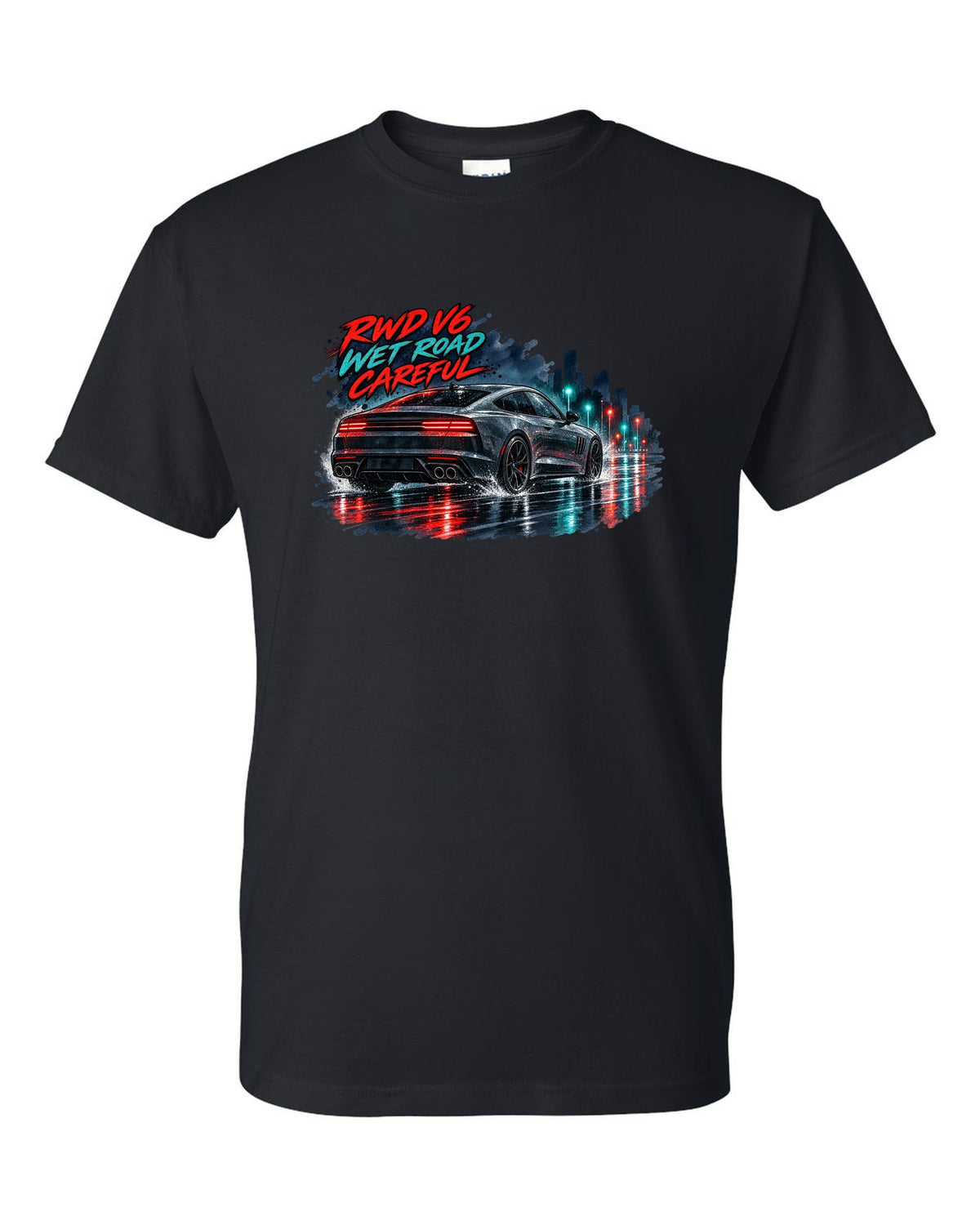 Watercolour wet-road night print of a Kia Stinger GT CK with RWD V6 wet road careful text black t-shirt front view with the design