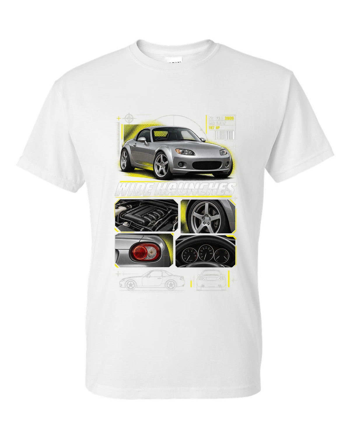 Dossier panels print for the Mazda MX-5 NC PRHT 2005-15 with MZR 2.0 LF and wide haunches white t-shirt front view with the design