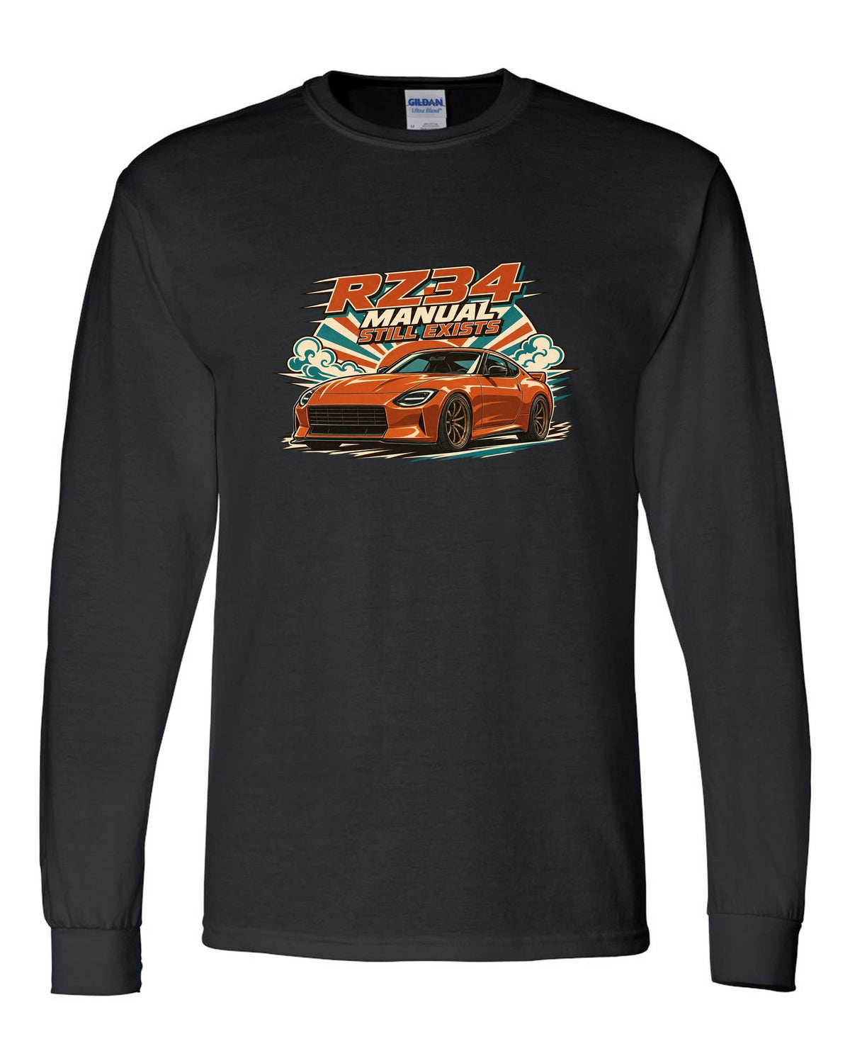 1970s Showa catalogue ad style print of the Nissan Z RZ34 black long sleeve front view with the design