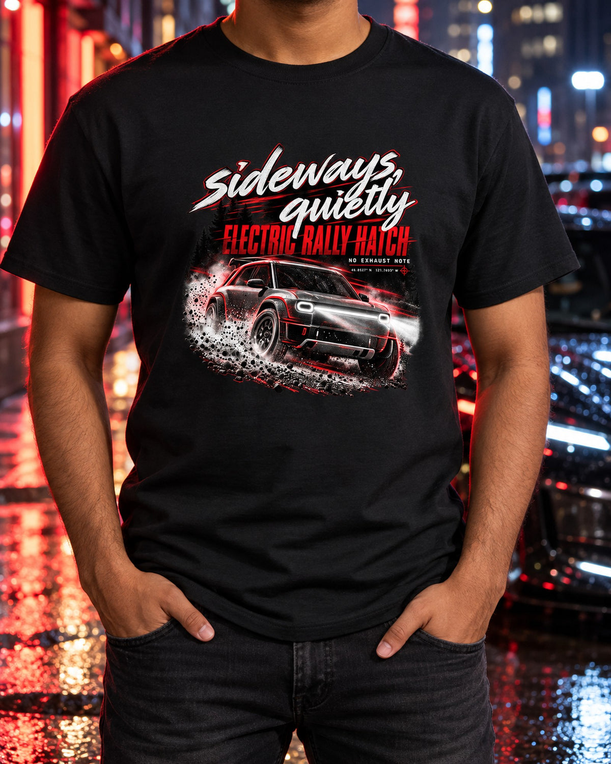 Rivian R3X 2027 Sideways Quietly Touge Night Shirt, Electric Rally T-Shirt Black worn hero
