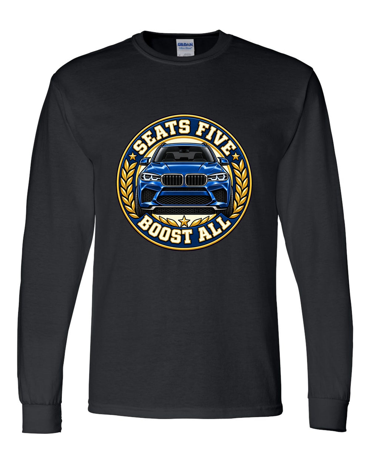 Embroidery-style varsity crest print for the BMW X5 M F85 black long sleeve front view with the design
