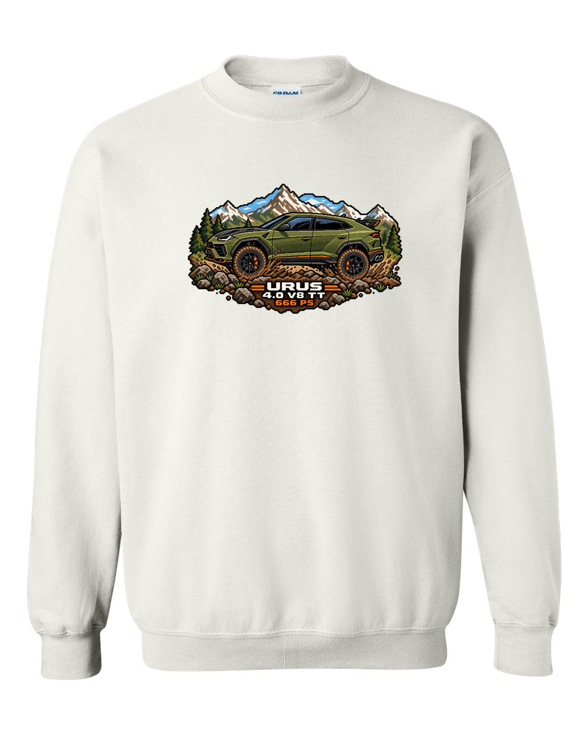 16-bit pixel art Lamborghini Urus Performante climbing a muddy hill with text URUS / 4.0 V8 TT / 666 PS white crewneck front view with the design