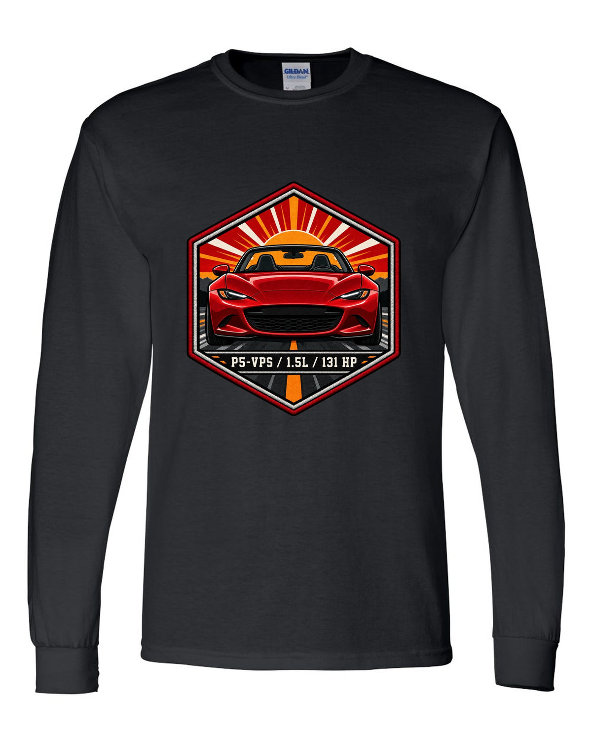 Embroidery-style hex crest of a Mazda MX-5 ND with P5-VPS 1.5L 131 HP text black long sleeve front view with the design