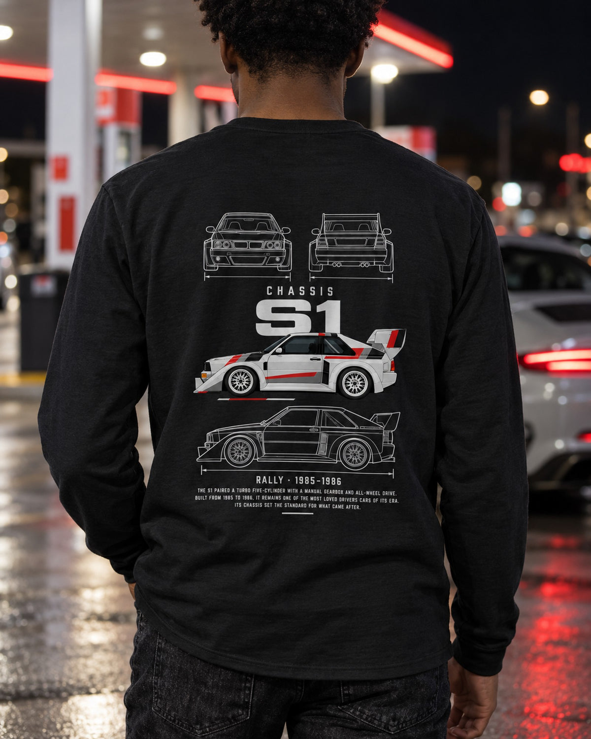 Audi Sport quattro S1 rally car Blueprint Full-Back Graphic Tee, S1 Chassis Code Long Sleeve Black worn hero