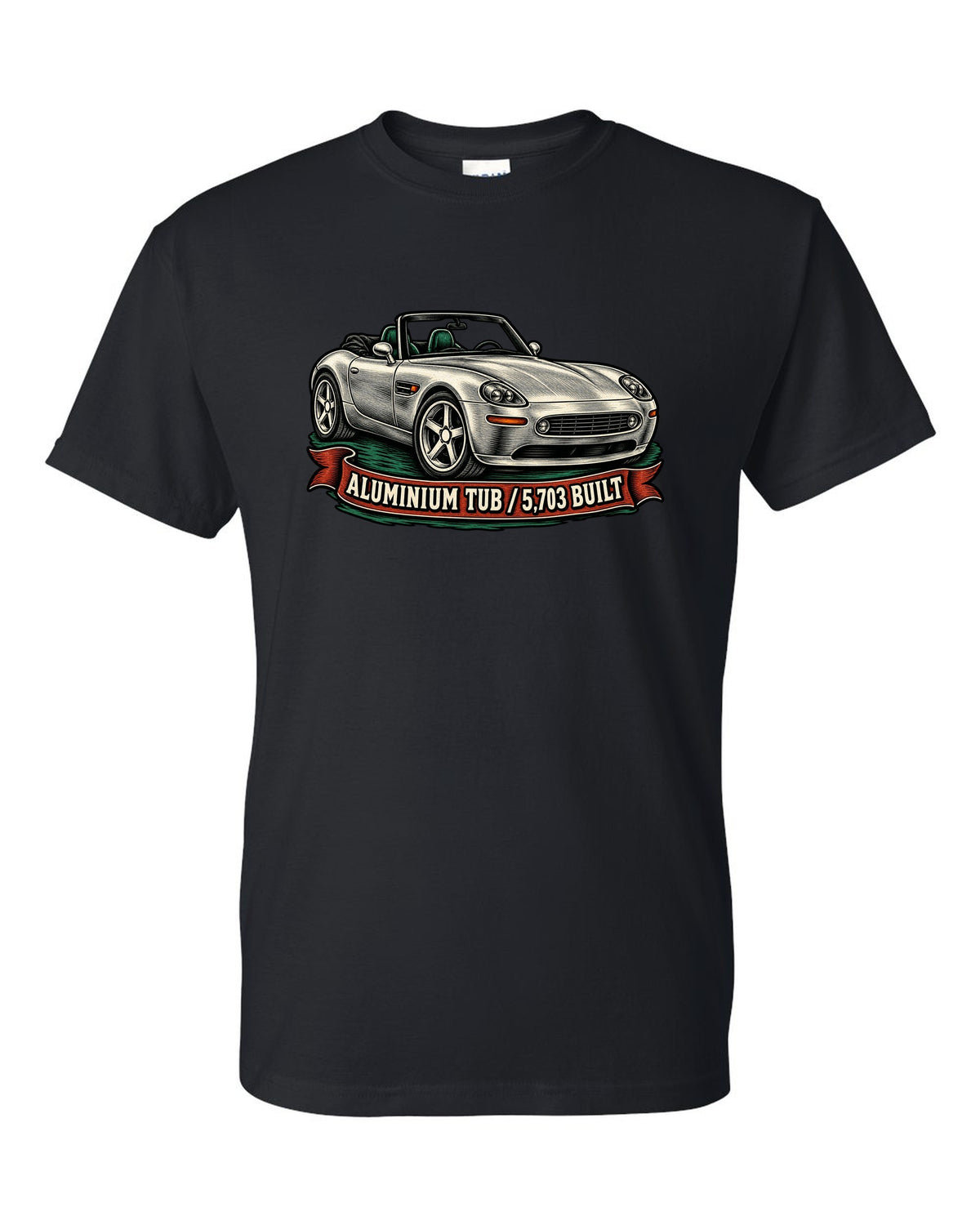 Woodcut linocut-style print of a BMW Z8 E52 roadster with 5,703 built text black t-shirt front view with the design