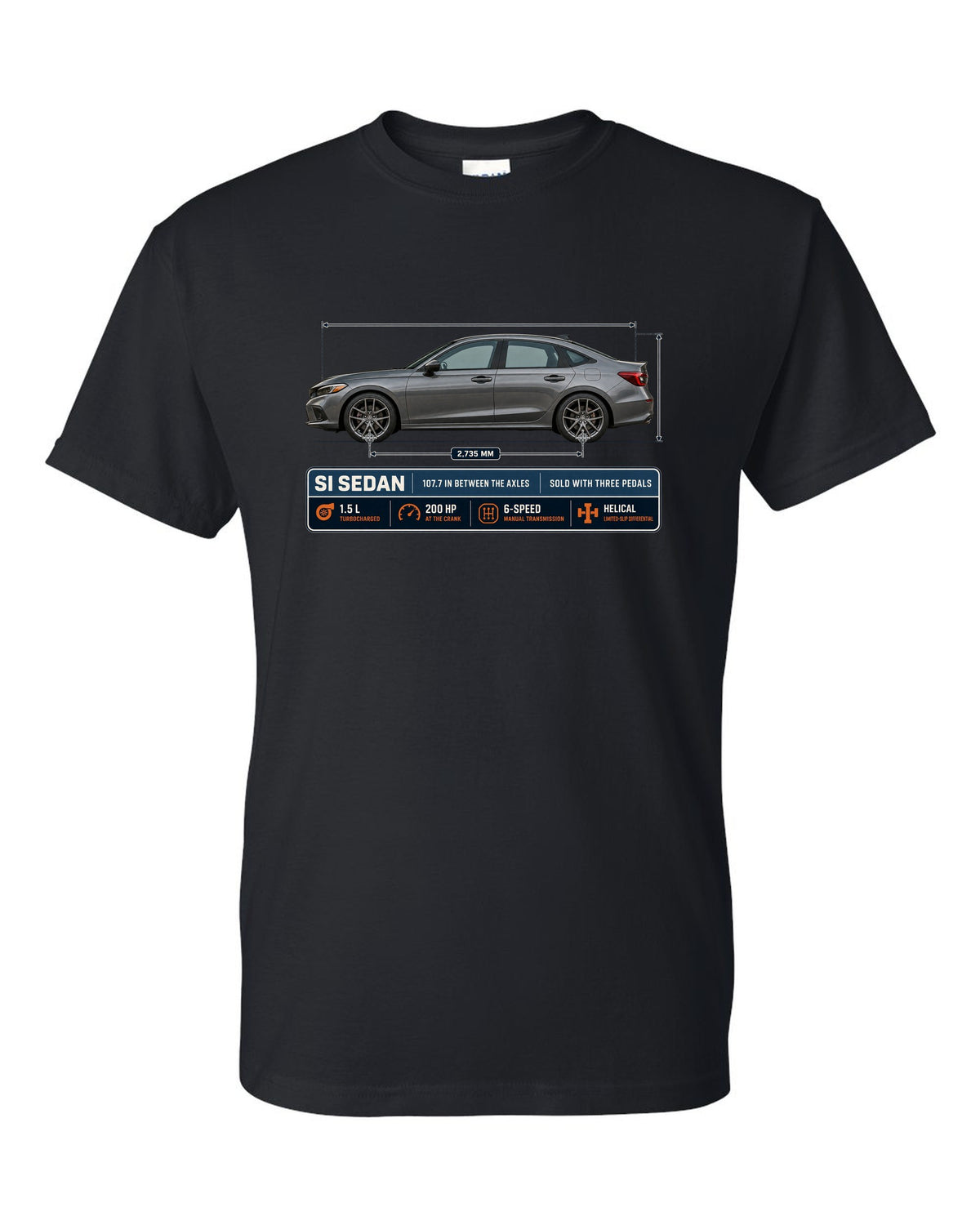 Civic Si FE1 Sedan Dimension Blueprint black t-shirt front view with the design