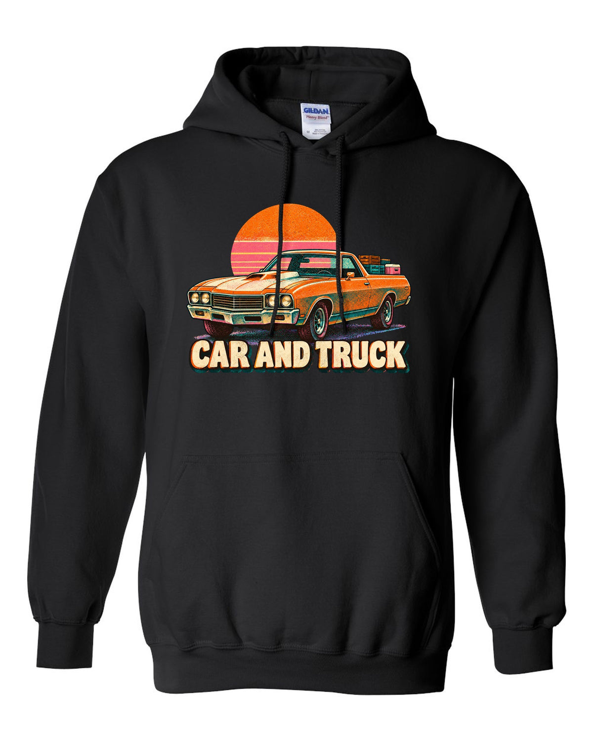 1970 Chevrolet El Camino SS 454 risograph spot-colour print reading Car and Truck black pull over hoodie front view with the design