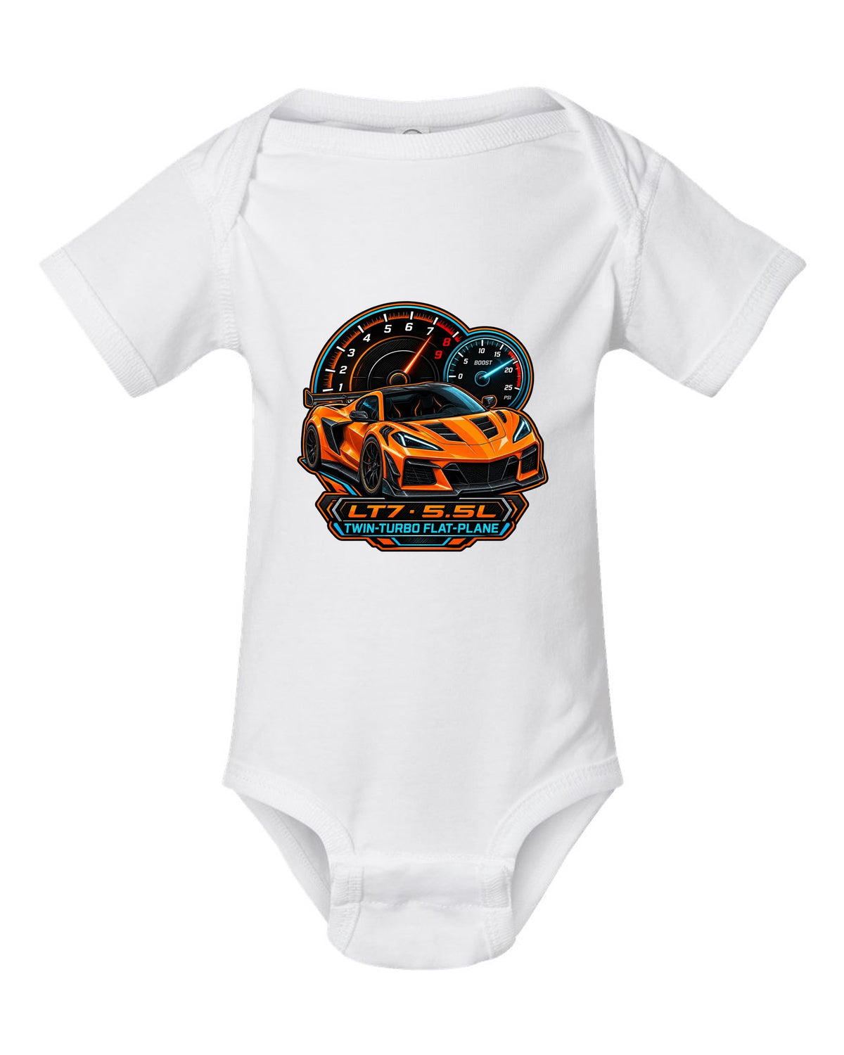 Embroidery-style varsity crest of a 2023 C8 Corvette Z06 with LT7 engine lettering white baby onesie front view with the design