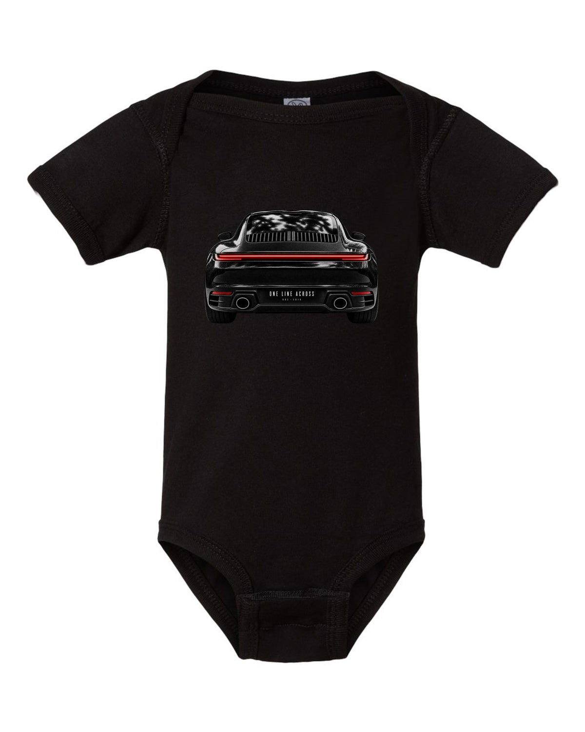 Taillight macro print of a 2019 Porsche 911 Carrera 992 rear light black baby onesie front view with the design
